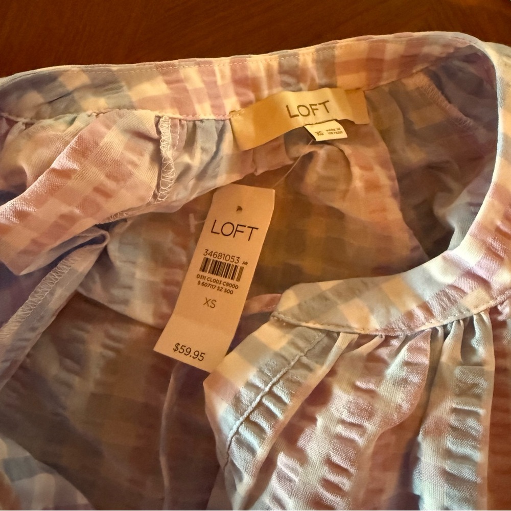 LOFT Pastel Tie Neck Pastel Striped Gingham Plaid Puff Sleeve Top Size XS - Picture 6 of 9